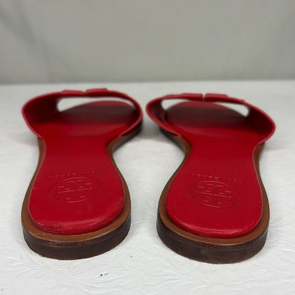 Tory Burch Ines‎ Slide Sandals Red Leather Gold Trim Logo Flats 6.5